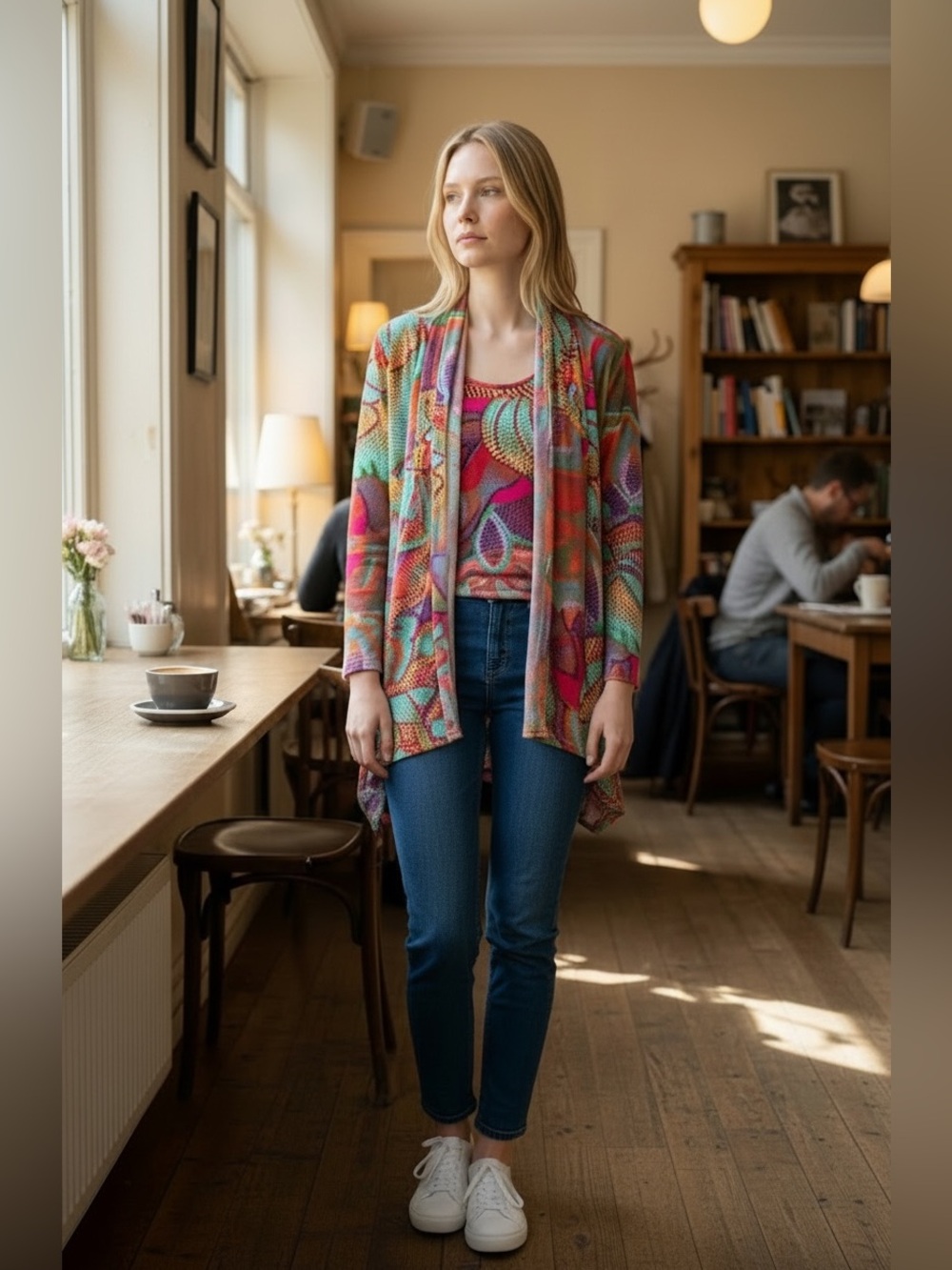 CLARA SUN WOO Knit Multicolor Abstract Print Open Cardigan with matching tank, M